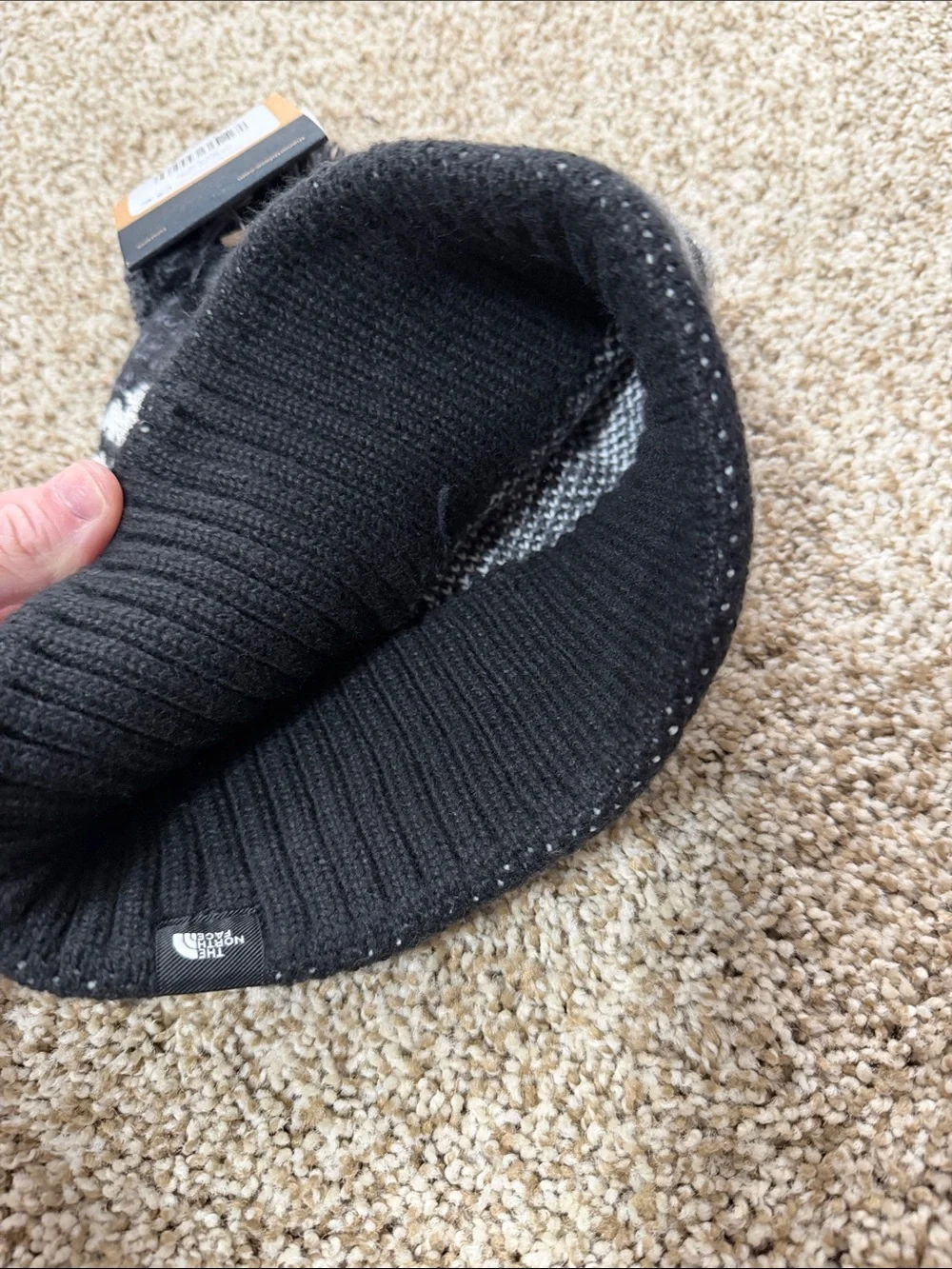 The North Face Kids Black & White Pom-Pom Knit Hat with Mountain & Bear Motif - Picture 3 of 3